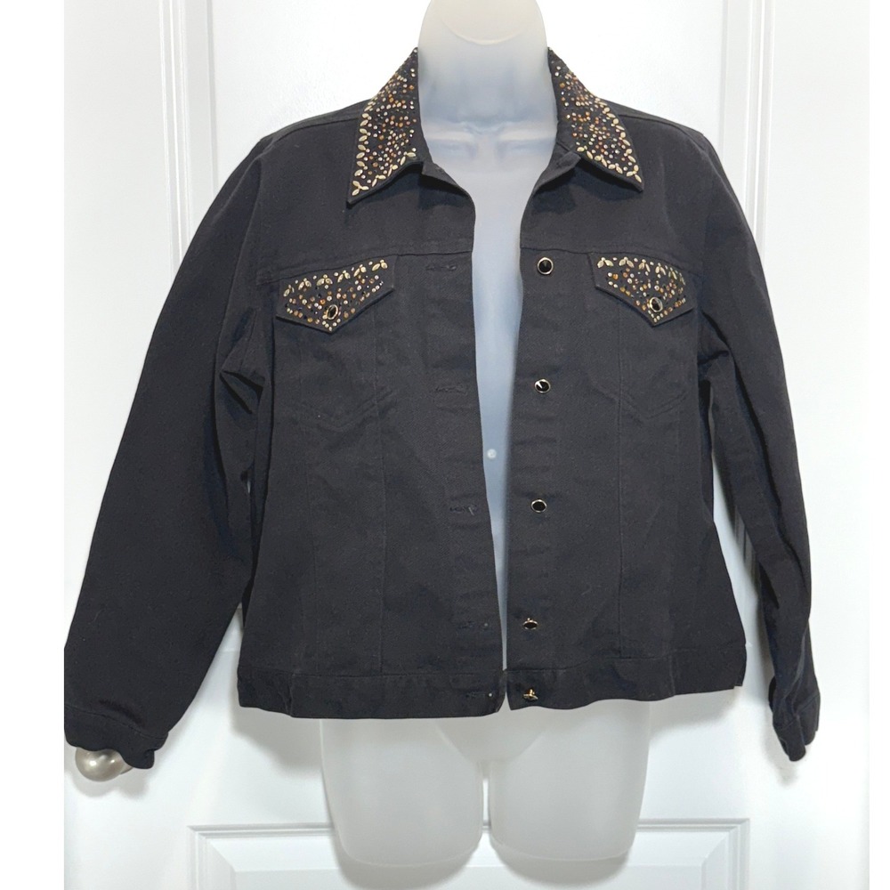 Laura Ashley Black Denim Jacket Western Embellished Collar Womens Medium M Denim